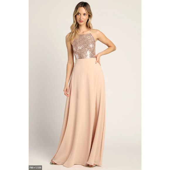 Lulu's Champagne Sequin Maxi Halter Bridal Dress Formal XS - Picture 1 of 4